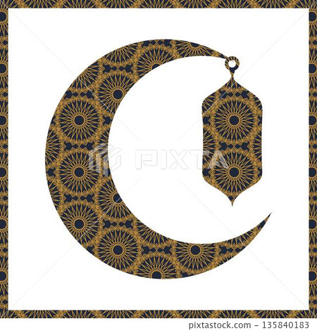 Islamic illustration featuring a crescent moon and hanging lantern with geometric patterns, perfect for Ramadan, Eid, Islamic celebrations, religious backgrounds, greeting designs, banners, posters 135840183