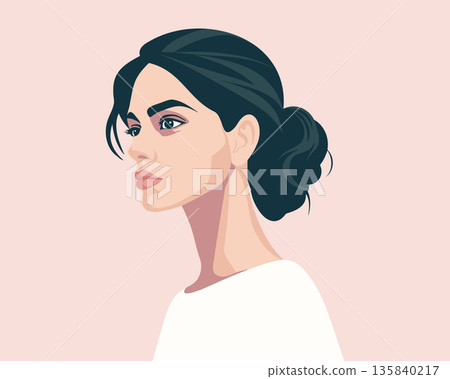 Beautiful female face. Elegant female profile with dark hair and a bun hairstyle. Beautiful female face. Elegant female profile with dark hair and a bun hairstyle. 135840217