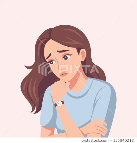 Sad young woman suffering and reflecting. Illustration. 135840218