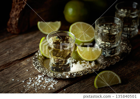 Tequila with salt and lime slices on a silver tray. Tequila with salt and lime slices on a silver tray. 135840501