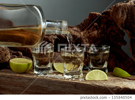 Tequila with salt and lime slices. 135840504