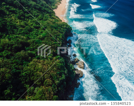 Drone view of coastline with ocean waves. Drone view of coastline with ocean waves. 135840523