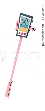 Smartphone mounted on selfie stick Smartphone mounted on selfie stick 135840585