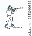 biathlon label with biathlete aiming shooting target, minimalist design logo print 135840642