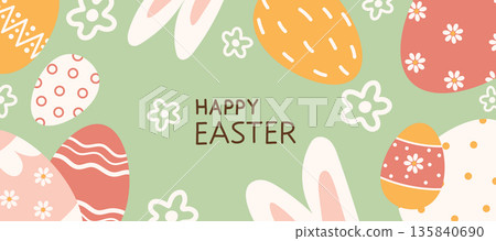 Happy Easter. Bunnies, eggs and flowers. Modern style design, pastel colors Happy Easter. Bunnies, eggs and flowers. Modern style design, pastel colors 135840690