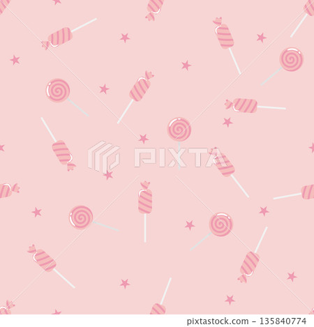 Pink Candy Cane and Swirl Lollipop Seamless Pattern, Cute Pastel Sweet Vector Background Pink Candy Cane and Swirl Lollipop Seamless Pattern, Cute Pastel Sweet Vector Background 135840774