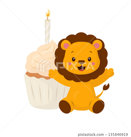 A cute lion cub sits next to a birthday cupcake with a candle, illustrated in flat vector format. This friendly animal character is perfect for children's parties, educational cards, nursery decor 135840919