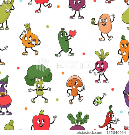 Vegetables groovy characters. Funny retro potato onion broccoli mushroom peppers. Fresh farm healthy food. Creative seamless pattern, textile print, vector background Vegetables groovy characters. Funny retro potato onion broccoli mushroom peppers. Fresh farm healthy food. Creative seamless pattern, textile print, vector background 135840934