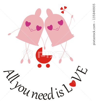 Love card with hearts and condoms. A funny little condoms with a baby carriage Love card with hearts and condoms. A funny little condoms with a baby carriage 135840935