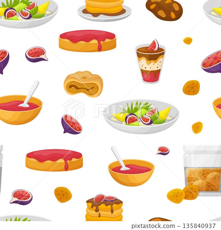 Tasty sweet food with fig tree fruits. Mousse, salad with tropical fruit, marmalade and pancakes, cookies and dried figs. Textile print design, vector seamless pattern Tasty sweet food with fig tree fruits. Mousse, salad with tropical fruit, marmalade and pancakes, cookies and dried figs. Textile print design, vector seamless pattern 135840937