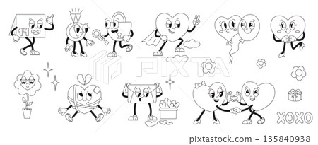 Line valentines day groovy retro characters. Coloring page collection. Hearts, balloon, floral elements. Romantic friendship, love stickers template, vector set Line valentines day groovy retro characters. Coloring page collection. Hearts, balloon, floral elements. Romantic friendship, love stickers template, vector set 135840938