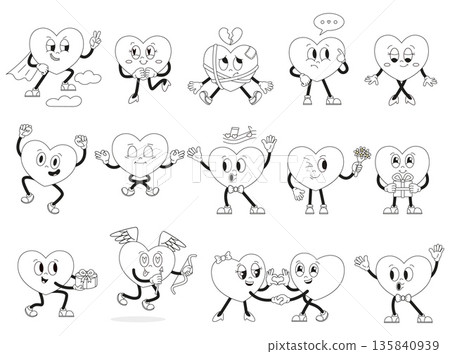 Hearts coloring elements. Groovy heart characters in different poses. Valentines day, wedding, romantic love and friendship symbols, vector collection 135840939