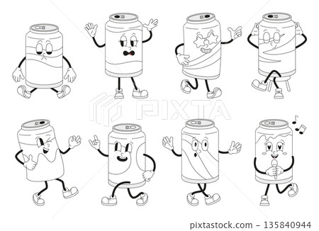 Drink cans groovy characters. Soda, beer, lemonade can. Retro style funny children mascots. Coloring line elements. Different drinks, vector clipart 135840944