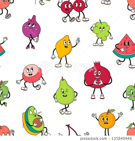 Cartoon fruits characters. Lemon, grape, apple, watermelon, pear. Groovy fruit seamless pattern for textile, fabric, wrapping, vector background 135840948