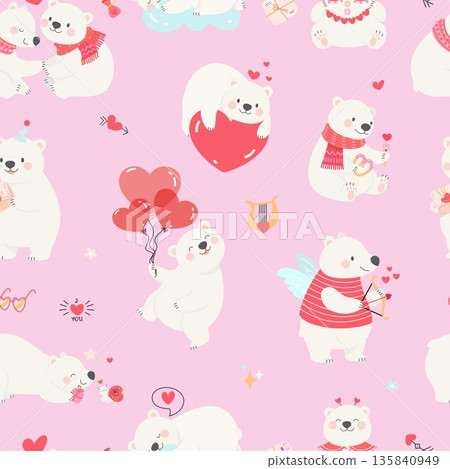 Bear in love. Valentines day, romantic seamless pattern with cartoon polar bears with hearts. Sweetheart animals, textile fabric print vector background Bear in love. Valentines day, romantic seamless pattern with cartoon polar bears with hearts. Sweetheart animals, textile fabric print vector background 135840949