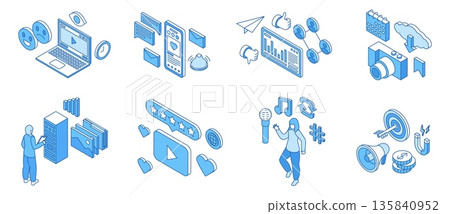 Social media isometric concepts. Content makers, e marketing, digital data storages. Audience attraction, reviews and subscribers, nifty vector isometric scenes 135840952