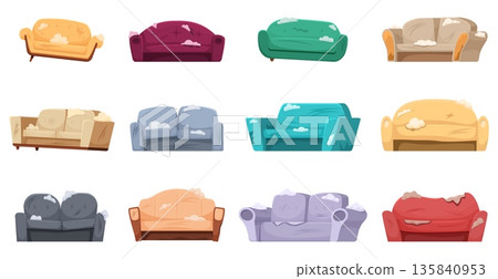Broken couches. Isolated bright sofa, soft couch for apartment or home. Messy interior elements, broked and torn sofas. Sapid vector clipart Broken couches. Isolated bright sofa, soft couch for apartment or home. Messy interior elements, broked and torn sofas. Sapid vector clipart 135840953
