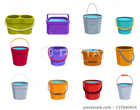 Buckets set. Isolated bucket for water, plastic metal wooden containers. Trash bin, household and cleaning cartoon equipment, sapid vector clipart 135840954