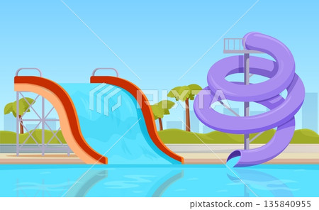 Water slides in waterpark. Aquapark with children attractions, summer vacations and outdoor activities. Pool plastic slide, plastic tunnel, sapid vector scene Water slides in waterpark. Aquapark with children attractions, summer vacations and outdoor activities. Pool plastic slide, plastic tunnel, sapid vector scene 135840955