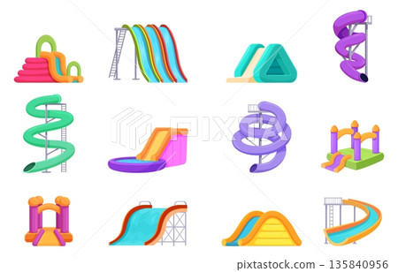 Cartoon water slides. Aquapark equipment, slide inflatable and plastic for waterpool, playground with pipes and tubes. Active games tools, sapid vector set 135840956