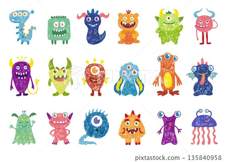 Crayon cartoon monsters. Horrible monster, funny peaceful pencil drawing aliens. Children style hand drawn bright characters, neoteric vector clipart 135840958