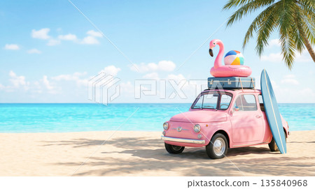 Vintage pink car parked on sandy beach with surfboard, inflatable flamingo, and beach ball on roof, palm trees and ocean in background 135840968