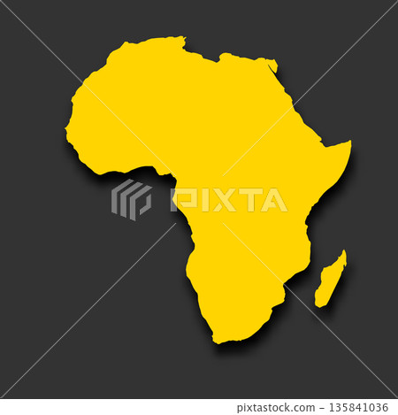 This graphic displays a vector silhouette map of Africa in yellow color. The shape highlights the continent's outline against a dark background. This graphic displays a vector silhouette map of Africa in yellow color. The shape highlights the continent's outline against a dark background. 135841036