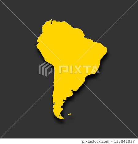 The map shows the silhouette of South America outlined in yellow against a dark background. The borders are clear and distinct, highlighting the continent's shape. The map shows the silhouette of South America outlined in yellow against a dark background. The borders are clear and distinct, highlighting the continent's shape. 135841037