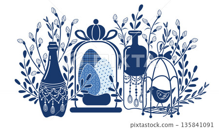 Easter still life eggs willow branches, bird glass cloche and bottles silhouette, graphic template. Hand drawn vector illustration. For spring and seasonal designs, greeting cards, holiday clip arts. 135841091