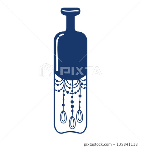 Glass bottle, engraving lace ornament silhouette, graphic template. Hand drawn vector isolated illustration. For Easter and seasonal designs, greeting cards, culinary magazines, wine shops, clip arts. 135841118