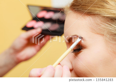 Close up woman getting make up, eyebrows Close up woman getting make up, eyebrows 135841283
