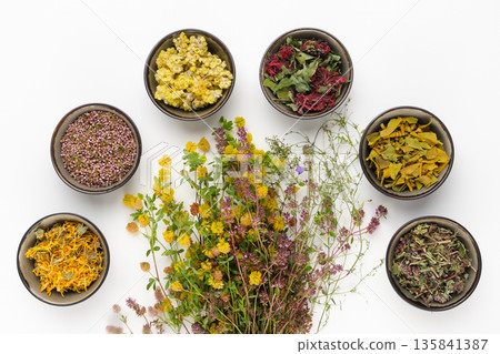 Dry medicinal herbs assortment on white background. 135841387