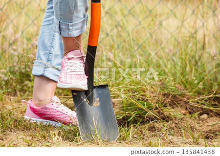 Woman digging hole in garden 135841438
