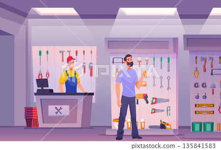 Construction workshop interior. Customers buying construction tools in specific workshop repair marketplace exact vector sellers consult clients Construction workshop interior. Customers buying construction tools in specific workshop repair marketplace exact vector sellers consult clients 135841583
