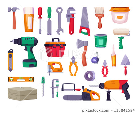 Construction workshop. Sellers and clients in repair service buying repair tools exact vector cartoon set 135841584