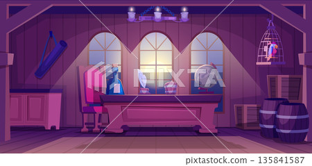 Pirate cabin. Wooden interior of pirate battle ship exact vector boat room interior design Pirate cabin. Wooden interior of pirate battle ship exact vector boat room interior design 135841587