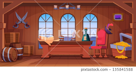 Pirate cabin. Battleship pirate cabin interior with specific wooden decoration exact vector adventure and sea exploration concept background Pirate cabin. Battleship pirate cabin interior with specific wooden decoration exact vector adventure and sea exploration concept background 135841588
