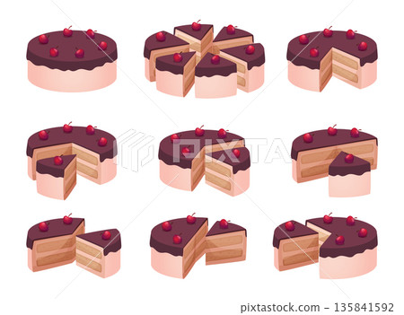 Cake slices. Delicious testy food cake for party sliced parts of sweet bakery food exact vector cartoon template Cake slices. Delicious testy food cake for party sliced parts of sweet bakery food exact vector cartoon template 135841592