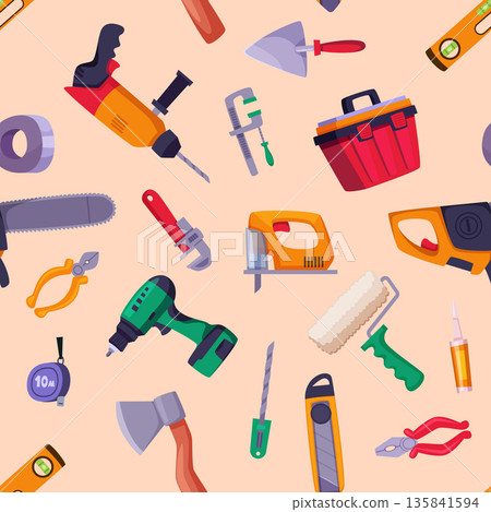 Repair tools. seamless pattern with professional items for repair hammer saw paint buckets brushes. vector cartoon illustration Repair tools. seamless pattern with professional items for repair hammer saw paint buckets brushes. vector cartoon illustration 135841594