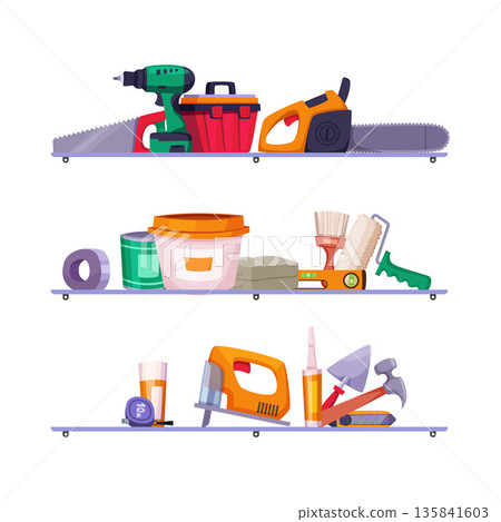 Repair tools shelves. workshop items for repair paint buckets with brushes saw and hammer. concept illustration Repair tools shelves. workshop items for repair paint buckets with brushes saw and hammer. concept illustration 135841603