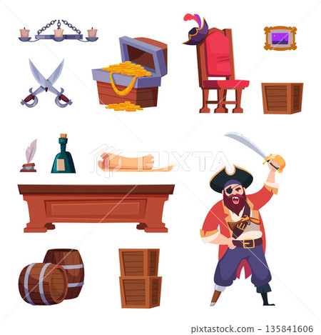 Pirates set. Table, chair, weapons, and strong drinks gold. The trappings of pirate life 135841606