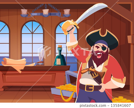 Pirates cabin. battleship cabin interior with aggressive pirate character holding weapon Pirates cabin. battleship cabin interior with aggressive pirate character holding weapon 135841607