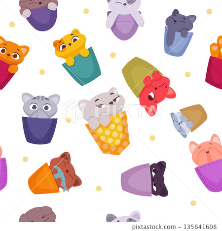 Kittens in pockets. seamless background with cute little cats 135841608
