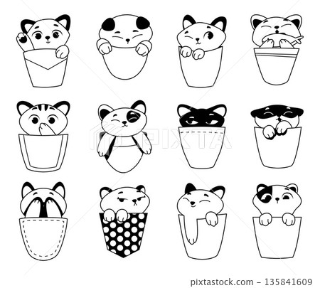 Kittens in pockets. outline illustrations of kawaii kitten collection 135841609
