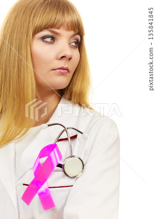 Woman doctor with pink ribbon aids symbol Woman doctor with pink ribbon aids symbol 135841845