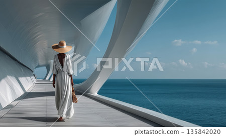 Traveler enjoys solo ferry journey on open deck with stunning ocean views 135842020