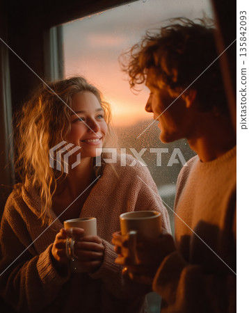 Couple enjoys cozy coffee moment at sunset with matching Lava Falls mugs 135842093