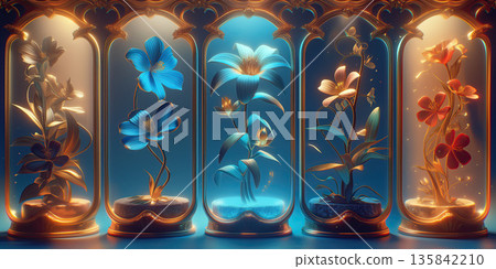 Magical fantasy flowers glowing inside ornate golden glass display cases. A precious collection of unique botanical specimens. Enchanted floral exhibit concept 135842210