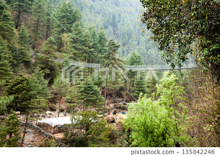 Suspension bridge view along EBC trek, Nepal Suspension bridge view along EBC trek, Nepal 135842246