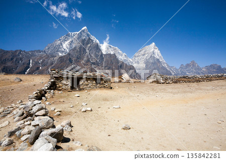 Everest base camp trekking path in Dingboche area, Nepal Everest base camp trekking path in Dingboche area, Nepal 135842281